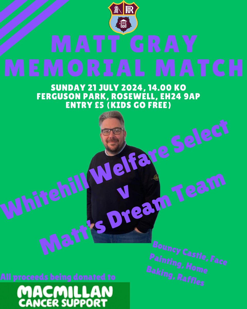 WhitehilWelfare's tweet photo. A date for your diary folks, Sunday 21 July @ Ferguson Park. We host a memorial match,remembering Matt Gray,raising funds for Macmillan Cancer Support

We are also looking for raffle donations if you can help in anyway

Please like &amp; share to as many people as possible💚💜💚 https://t.co/xkVqqjQn95