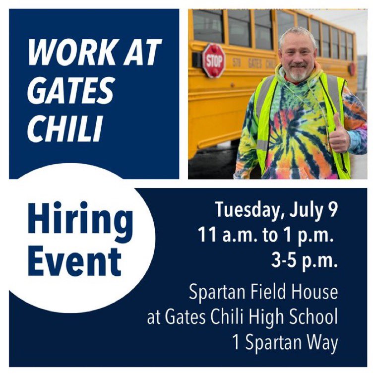 A great new job is waiting for you at Gates Chili! Learn about our open positions, complete an application and participate in a screening interview during our Support Staff Hiring Event in the Gates Chili Field House from 11 a.m. to 1 p.m. and 3-5 p.m. See you there! #GCPride