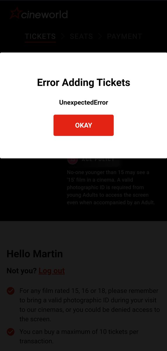 MartinMaskery's tweet photo. @cineworld Trying to book tickets for Wednesday using my Meerkat Movies code and I keep getting this. Tried the app and website. https://t.co/fMKPKySdLs