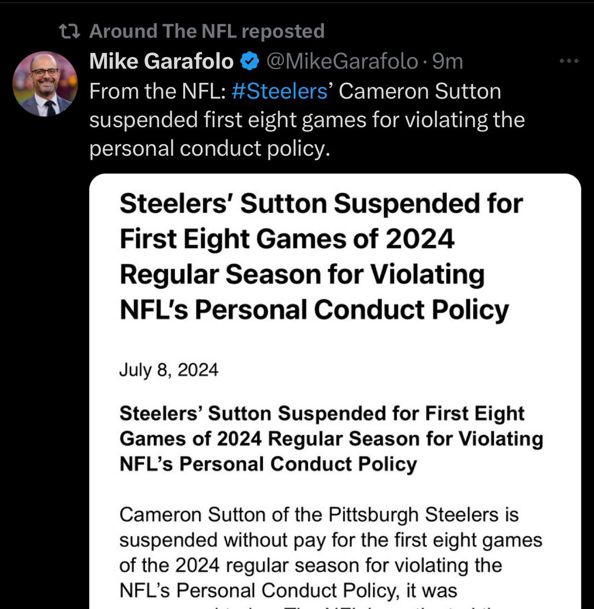 silvahero's tweet photo. @MikeGarafolo @AroundTheNFL But is Sutton suspended for the first eight games of 2024 regular season for violating the personal conduct policy? https://t.co/ri1AiR6KFj