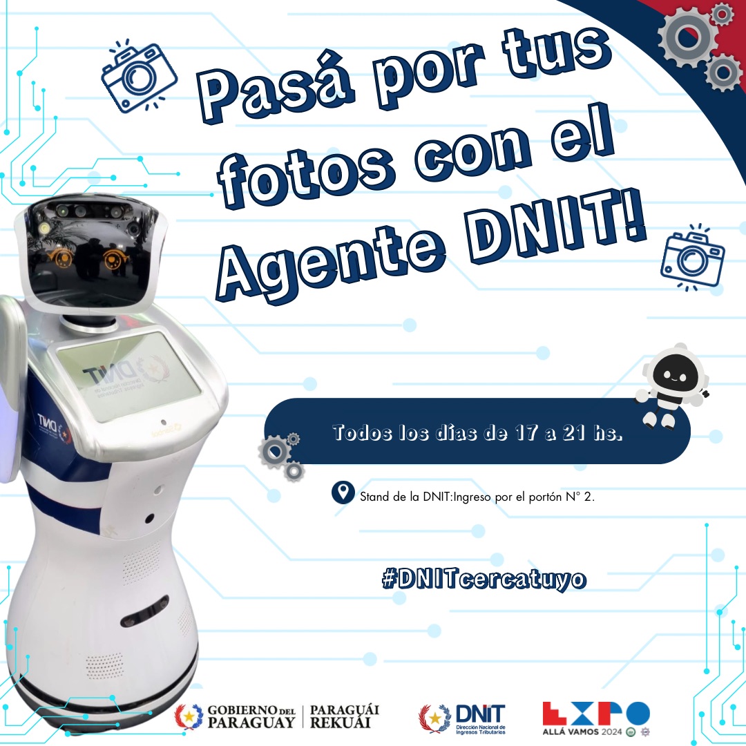 DNITpy's tweet photo. Este agente te espera todos los días a partir de las 17:00 horas en la #Expo2024. 🤳¡Vení y tomá tu foto con él!

👉 Etiquetá tu foto con el agente DNIT Robot usando los hashtags #DNITpy #DNITenlaExpo #DNITcercatuyo https://t.co/t5qrv1x9Cl
