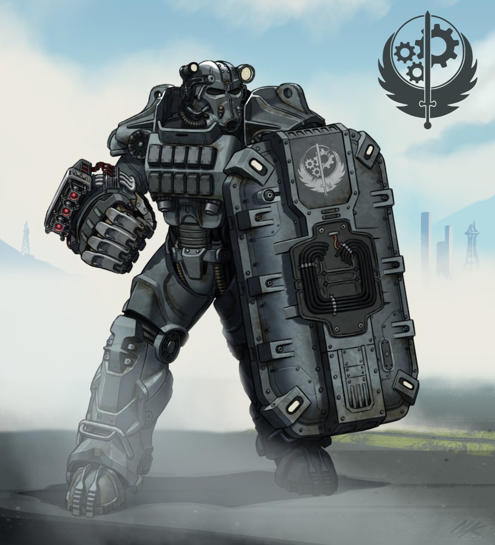 Brotherhood of Steel T-60 power armor with custom shield and power fist commission for <a href="/CallumHowe257/">Callum Howe</a> 
I don't know anything about Fallout but hopefully I've done it some justice