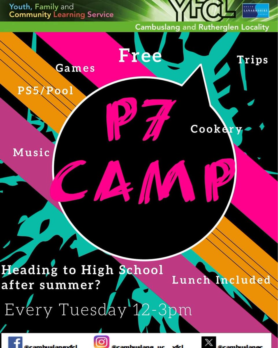 Heading to high school after summer?  Starting tomorrow, join us to meet other P7's, get to know your youth centre &amp; take part fun activities. 
Lunch is included &amp; it's free at Cambuslang UC!
Registration forms to be completed by an adult before  drop off.
 #itsslc #becauseofcld