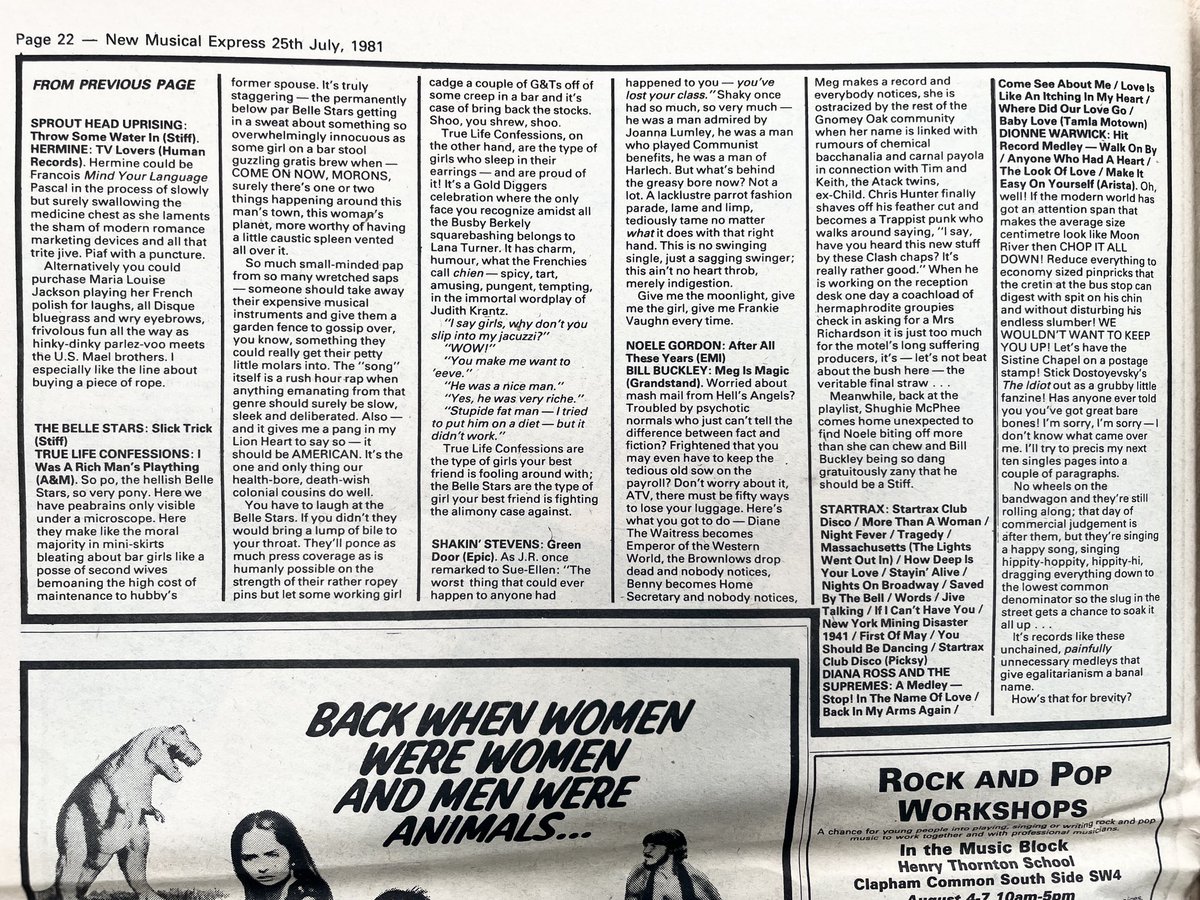 nme1980s's tweet image. Grace Jones, Siouxsie &amp;amp; Banshees, Alternative TV, Debbie Harry, Kid Creole, The Belle Stars, Hermine, Noele Gordon, Sprout Head Uprising, and more.
Singles reviewed by Tony Parsons.
New Musical Express, 25 July 1981.