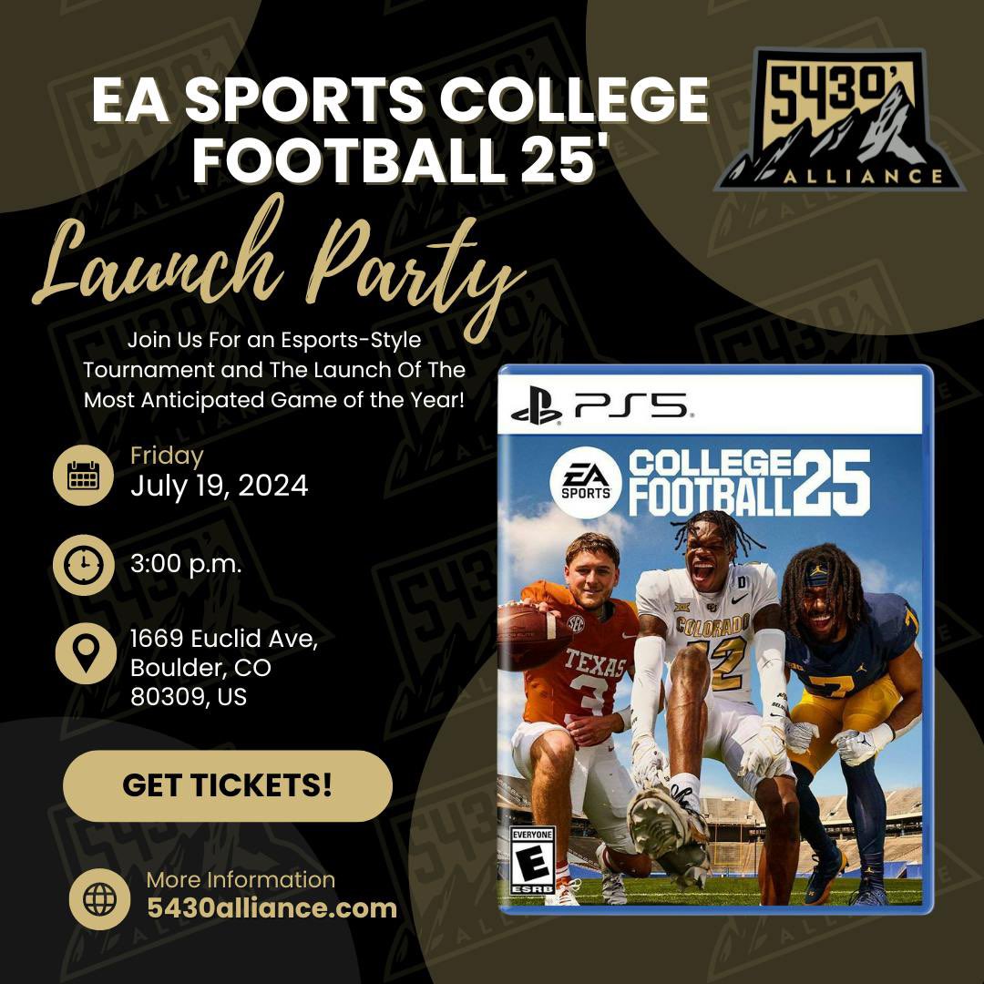 Are you ready for NCAA 25? 

I want you to join me 
 📆 July 19, 2024
⏰ 3p at the 
📍University Memorial Center on campus here in Boulder, Co. 

Get your tickets and information fevo-enterprise.com/event/Easports4