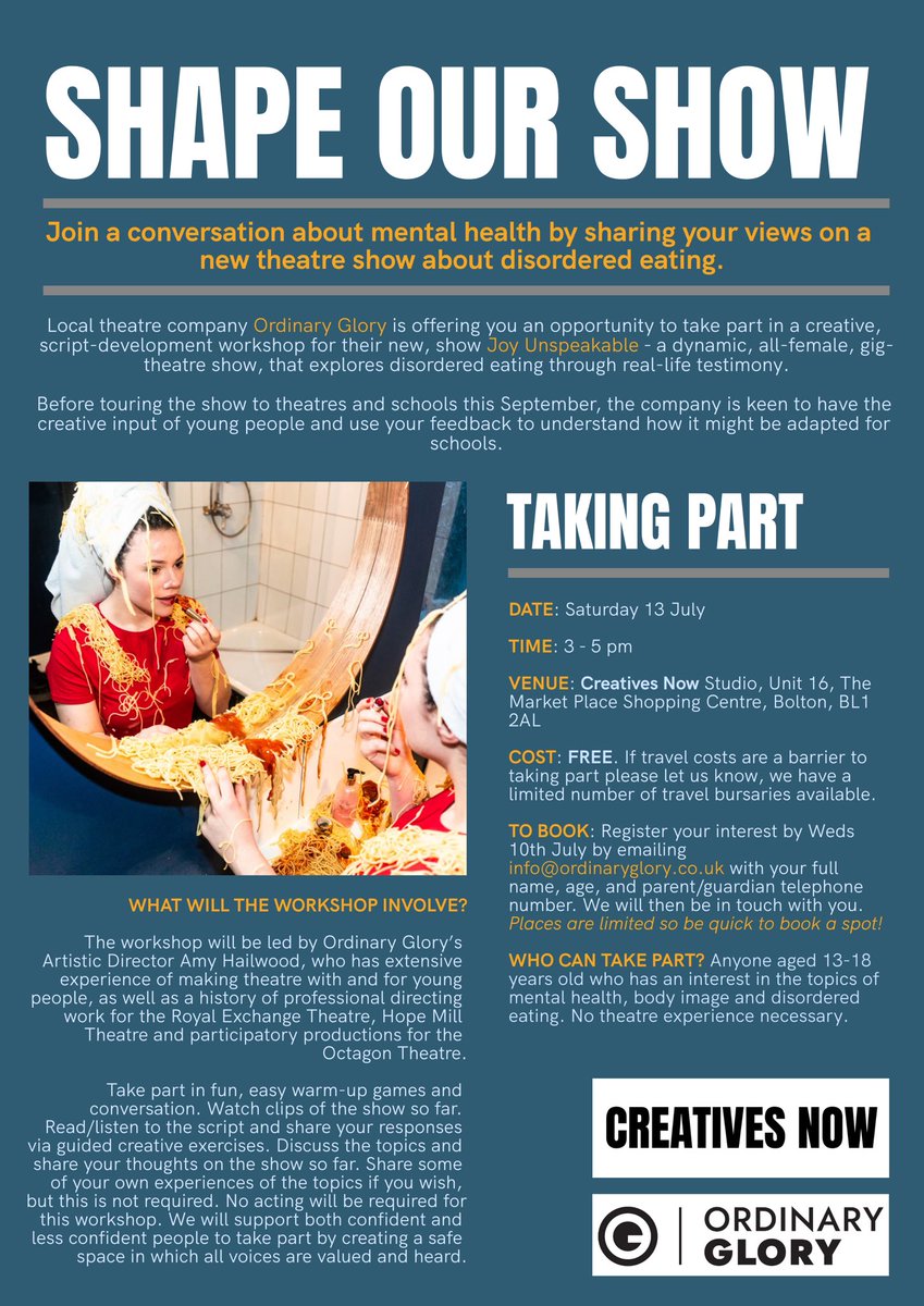 Lynsey O'Sullivan (@lynsey_merrick) on Twitter photo BOLTON! Please share with young people who might like to take part in a workshop with the Creative cast & team to influence the making of this show by <a href="/Ordinary_Glory/">Ordinary Glory</a> and hosted at <a href="/Creatives_Now/">Creatives Now CIC</a> studio in the Market Place #Bolton #Youngpeople #Theatre BOLTON! Please share with young people who might like to take part in a workshop with the Creative cast & team to influence the making of this show by <a href="/Ordinary_Glory/">Ordinary Glory</a> and hosted at <a href="/Creatives_Now/">Creatives Now CIC</a> studio in the Market Place #Bolton #Youngpeople #Theatre