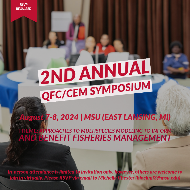 CentreEcoMgmt's tweet photo. 📢 If conversations around the topic of multispecies modeling relative to fisheries management interest you, you've got to attend the 2nd joint symposium of the Quantitative Fisheries Center and Centre for Ecosystem Management! Held Aug 7-8, 2024 @ MSU.

#GreatLakes 🌊 🗣️ 🎣