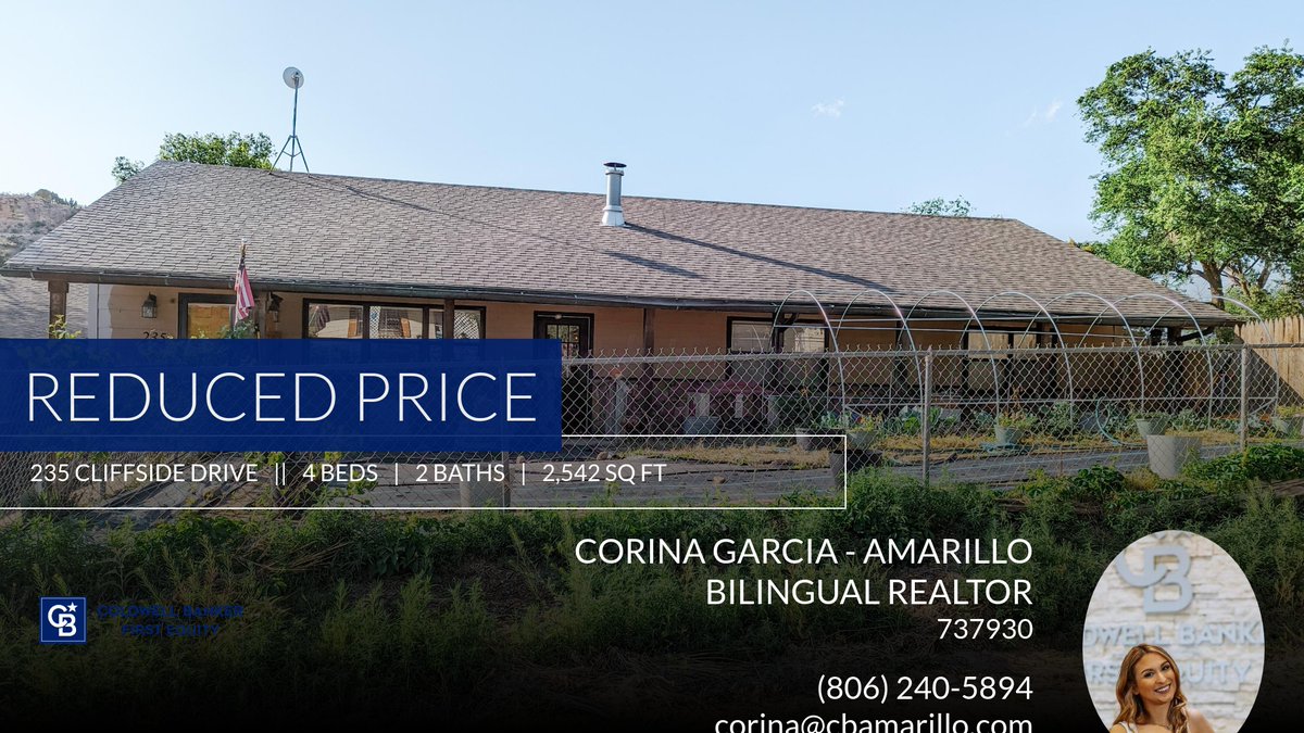 CorinaTxRealtor's tweet photo. 📍 Reduced Price 📍 This recently reduced home at 235 Cliffside Drive in Amarillo won't last long, so, don't wait to set up a showing! Reach out here or at (806) 240-5894 for more information!

Corina Garcia, Realtor
Coldwell Banke... https://t.co/VI9LVHJ2Ix https://t.co/IZUQyipBeR