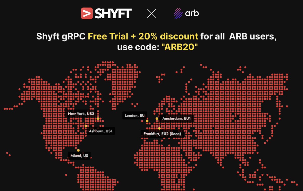 Arb Protocol ♻️ (@arbprotocol) on Twitter photo We partnered with <a href="/Shyft_to/">Shyft | Solana APIs</a> to offer ARB users 20% off your first month of RPC services, plus a free gRPC trial! Join their Discord, open a ticket, and use code "ARB20" to claim your discount.
discord.gg/8JyZCjRPmr We partnered with <a href="/Shyft_to/">Shyft | Solana APIs</a> to offer ARB users 20% off your first month of RPC services, plus a free gRPC trial! Join their Discord, open a ticket, and use code "ARB20" to claim your discount.
discord.gg/8JyZCjRPmr