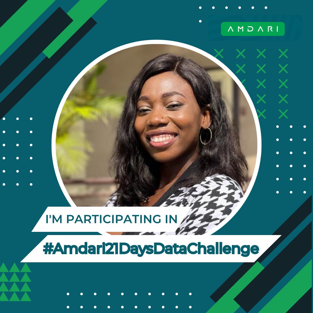 Viktri6's tweet image. Excited to be on this 21day journey with Amdari, working on real world data science projects, networking and very intentionally building my skills and portfolio. It will be the best feeling to have you join me on this ride. 🙂 #Amdari21DaysDataChallenge
#VyktreeAmdariTODDC