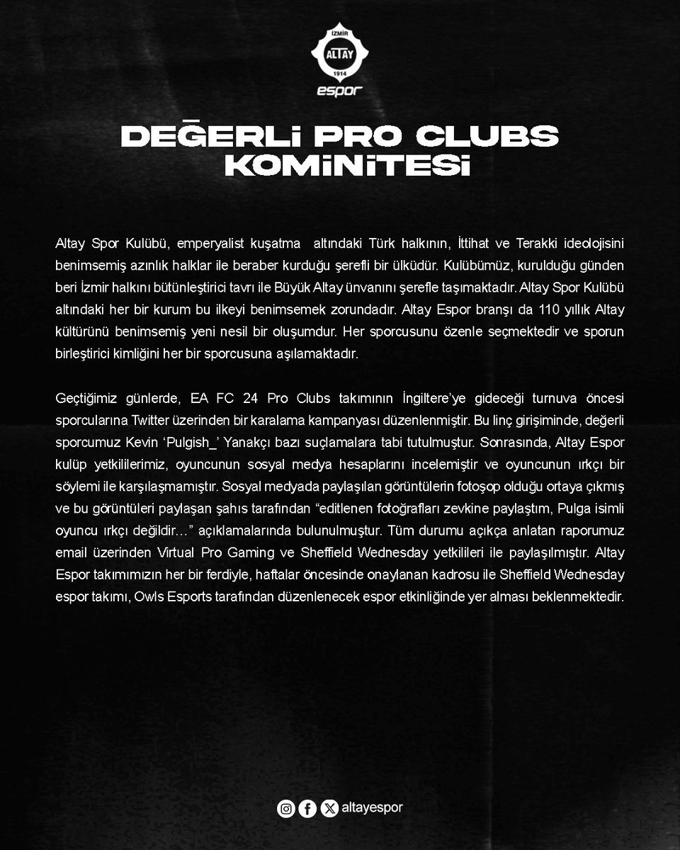 AltaySporKulubu's tweet photo. We are proudly watching the massive growth of esports industry and our esports team’s achievements. In this regard, we would like to thank @officialVPG, @swfc , and @SWFC_Esports for organizing such an event!

We kindly remind that there is no room for racism in any sports! https://t.co/3DNxTRHgK5