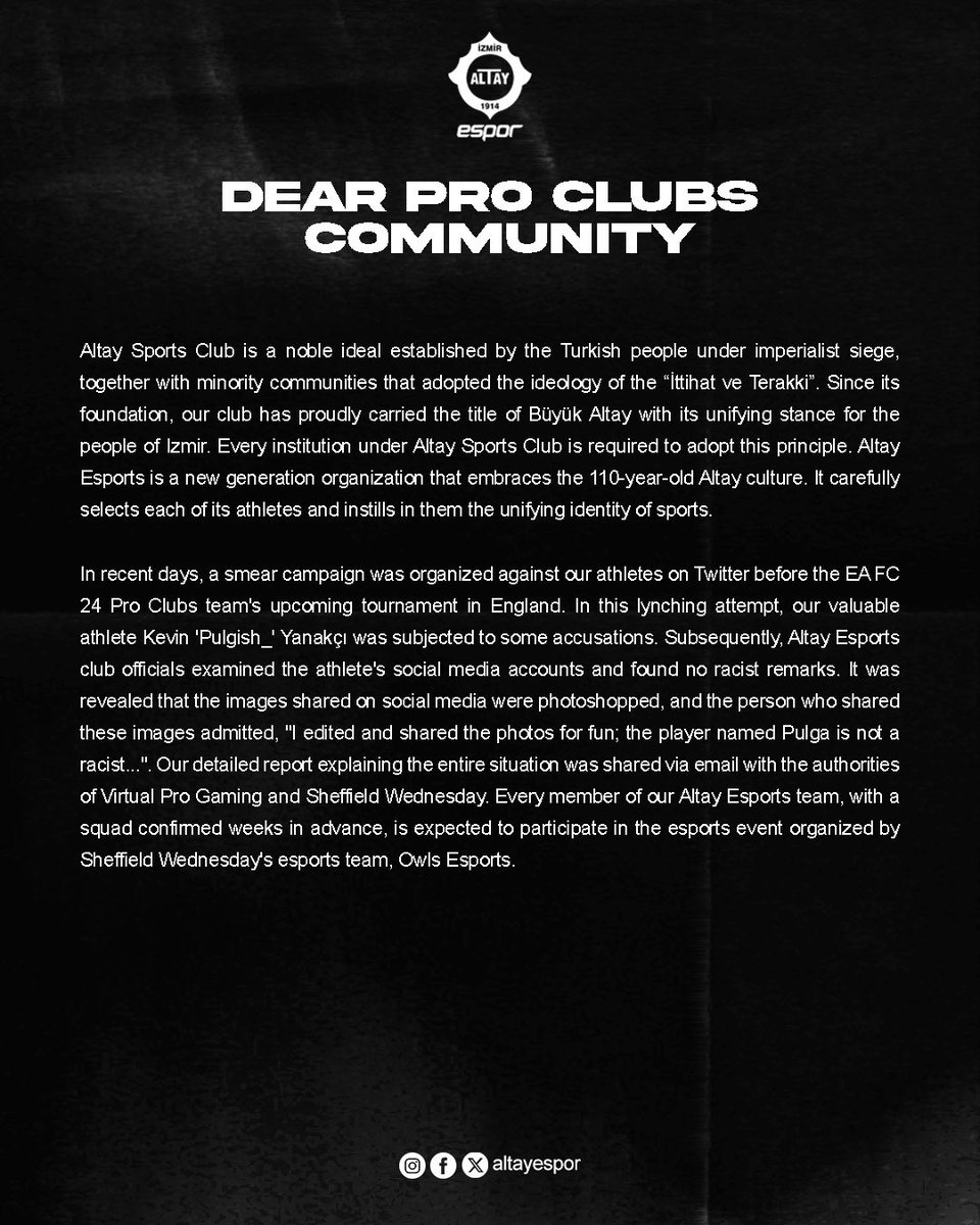 We are proudly watching the massive growth of esports industry and our esports team’s achievements. In this regard, we would like to thank <a href="/officialVPG/">Virtual Pro Gaming</a>, <a href="/swfc/">Sheffield Wednesday</a> , and @SWFC_Esports for organizing such an event!

We kindly remind that there is no room for racism in any sports!