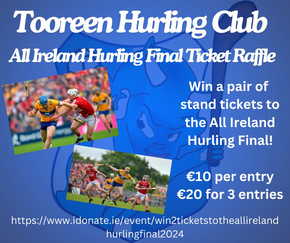 🚨 Win a Pair of All Ireland Hurling Final Tickets!
Click the link below 👇 to enter our draw for 2 x stand tickets for the All Ireland Hurling Final betwee <a href="/GaaClare/">Clare Gaa</a> and <a href="/OfficialCorkGAA/">Cork GAA</a> 

idonate.ie/event/win2tick…