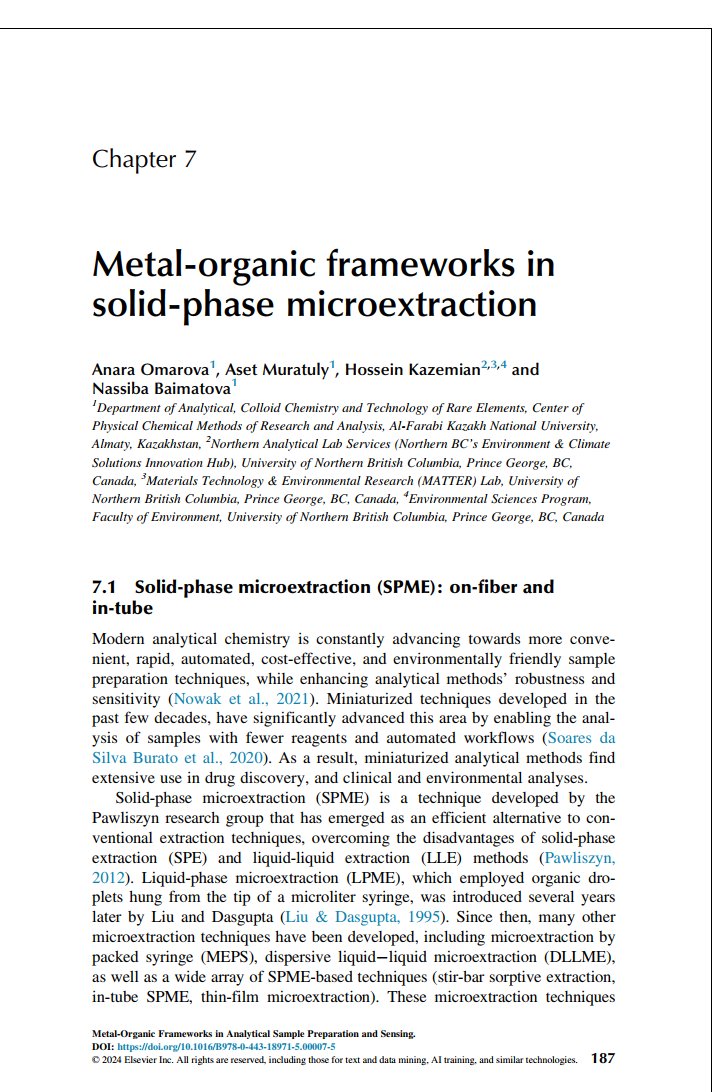 Hkazemian1347's tweet photo. 📘 Excited to announce our chapter on "MOFs in SPME" featured in a book edited by V. Pino and team from @CienciaULL.  Grateful for my co-authors @AnaraOmarova_ , A.Muratuly, and N. Baimatova. A big thanks to all for the enriching collaboration!

🔗https://t.co/MU1SJB4cc2 https://t.co/qP3XaCbWrS