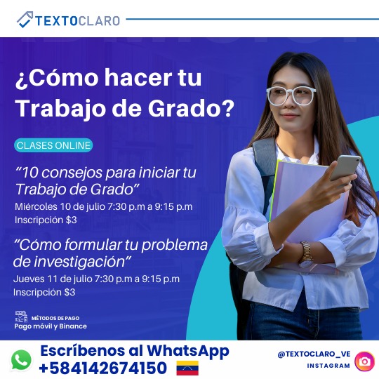 textoclaro's tweet photo. 📌 ¿Cómo hacer tu Trabajo de Grado? | Clases online de Texto Claro este miércoles 10 y jueves 11 de julio

Las clases están dirigidas a estudiantes universitarios de pre y posgrado.

👉 Escríbenos al WhatsApp https://t.co/1x4rEK3DoC https://t.co/gm5enmKJnq