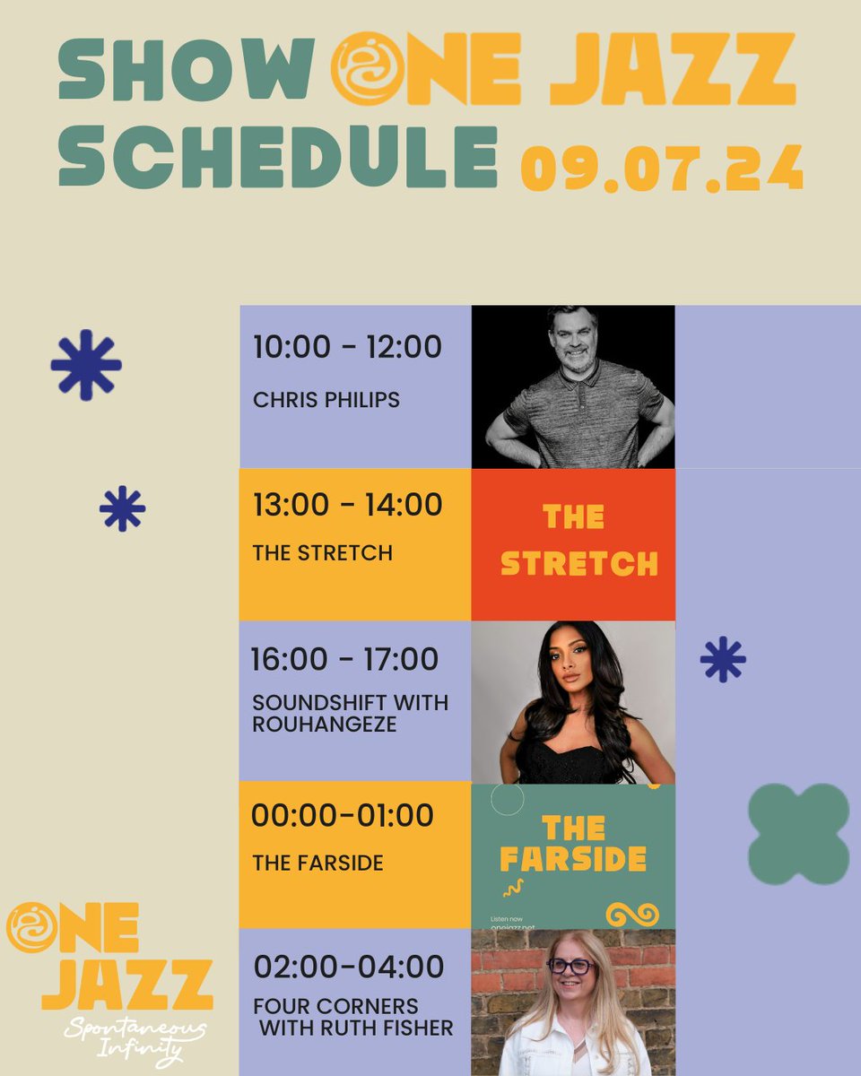 📅 TODAY’S SCHEDULE on One Jazz ☀️
🎷🎶 Tune in: onejazz.net/player/

* 🕙 10:00 - 12:00: @chrisphilips 
* 🕐 13:00 - 14:00: The Stretch
* 🕑 16:00 - 17:00: SoundShift
with Rouhangeze <a href="/RouhangezeB/">RŪḤ</a> 
* 🕛00:00-01:00: The Farside
* 🕛 02:00 - 04:00: Four Corners with Ruth Fisher