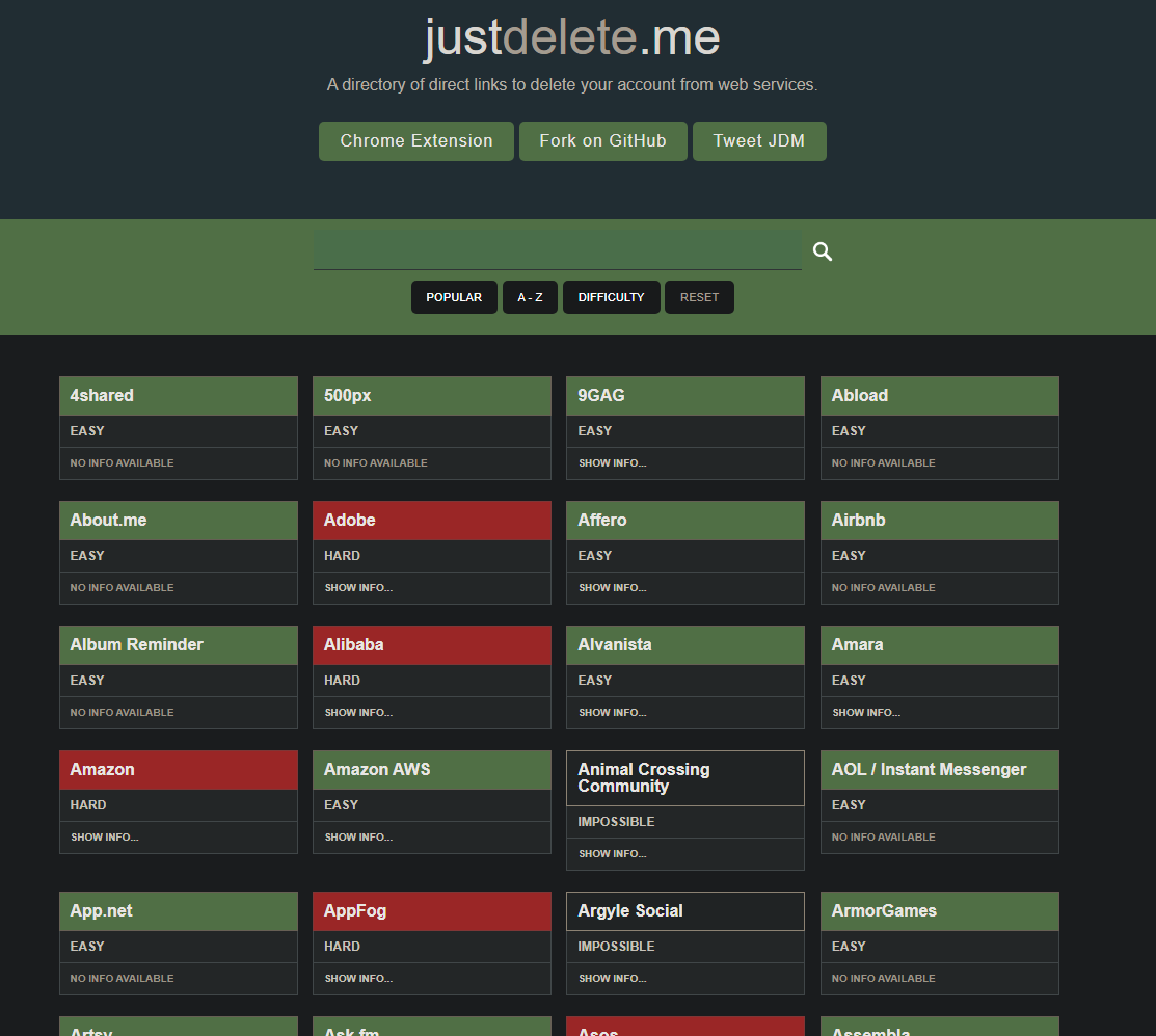 DarkWebInformer's tweet photo. 💡Just Delete Me💡A directory of direct links to delete your account from web services. It also shows you how difficult it is. https://t.co/VKycQMqOFJ