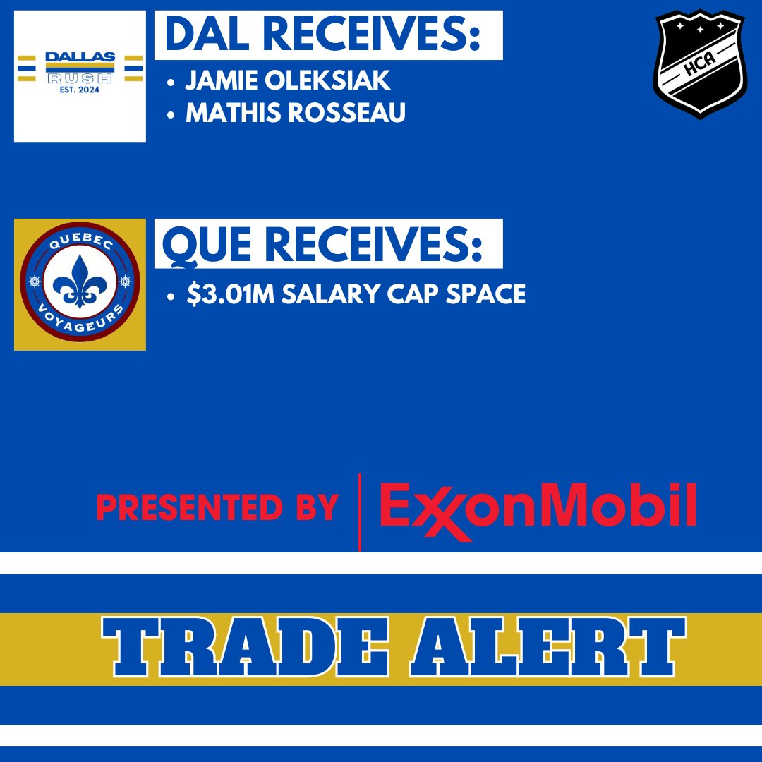 HCARush's tweet photo. The @HCARush acquire Jamie Oleksiak and Mathis Rosseau from the @HCA_Voyageurs
#GoRushGo https://t.co/wHZB6qdi0b