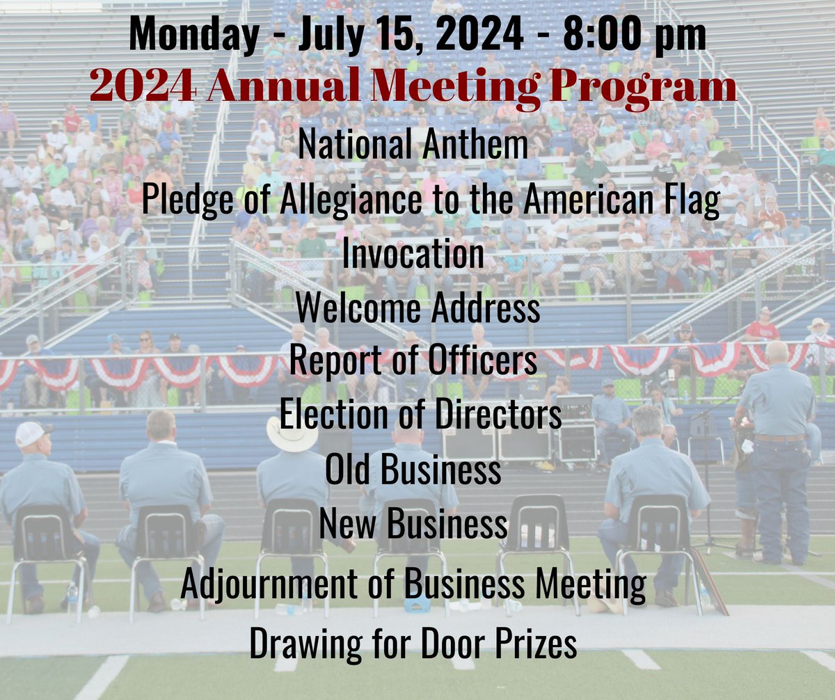 We are officially one week away from the 2024 Annual Meeting of the Members!! 🥳  We are looking forward to hosting you and your family at Panther Stadium in Van Alstyne! 

Gates will open at 6 p.m. with the business meeting beginning at 8 p.m. and door prizes to follow! 💡