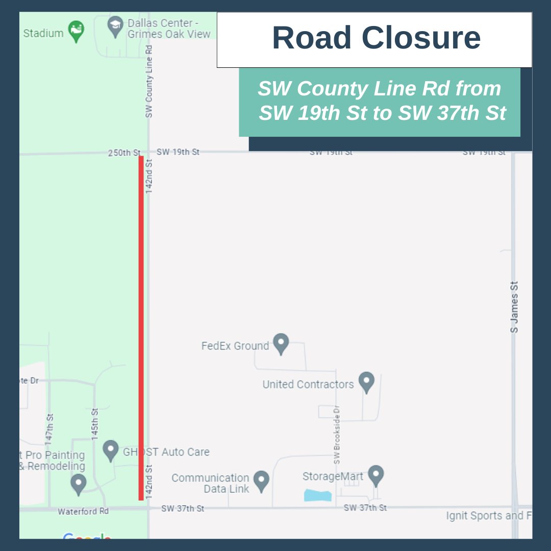 CityGrimes's tweet photo. SW County Line Rd will be closed from SW 19th St to SW 37th on Wednesday, July 10th at 7 am. This project is a partnership with Dallas County to repair the road. SW County Line Rd is expected to reopen by Friday, July 12th at 5 pm, weather permitting. Thank you for your patience! https://t.co/nIFLbahFHL