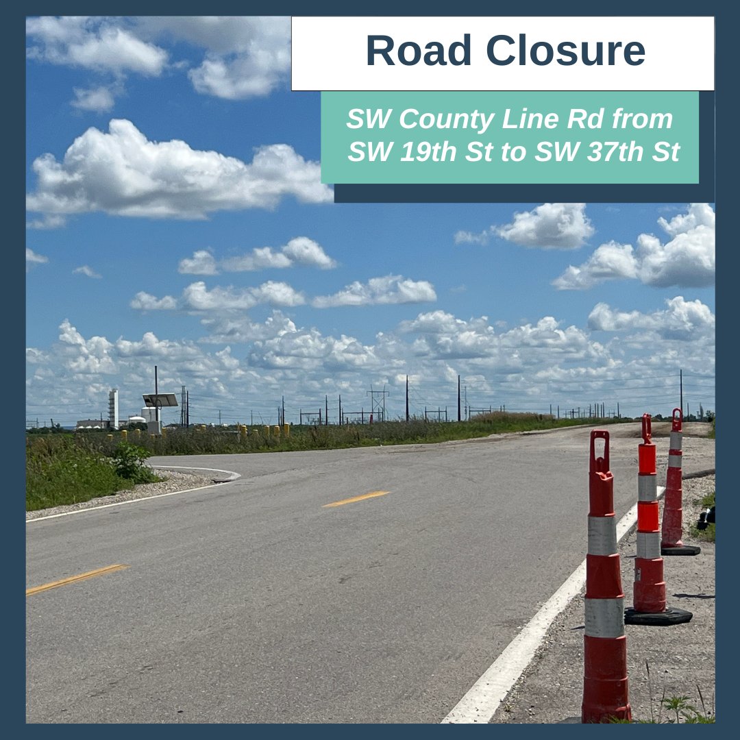CityGrimes's tweet photo. SW County Line Rd will be closed from SW 19th St to SW 37th on Wednesday, July 10th at 7 am. This project is a partnership with Dallas County to repair the road. SW County Line Rd is expected to reopen by Friday, July 12th at 5 pm, weather permitting. Thank you for your patience! https://t.co/nIFLbahFHL