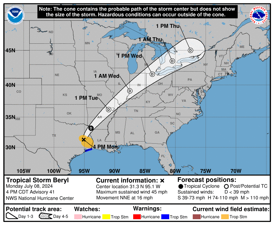 LimWeather's tweet photo. #Beryl in E #Texas down to 45mph #TropicalStorm with #Flooding rain continuing; to die out well inland within 3 days
#Wxtwitter #Tropicswx #HurricaneSeason2024 #wxx #HurricaneSeason #TXwx #STXwx #GLSwx #HurricaneBeryl #HOUwx #BCSwx #CTXwx #Galveston #tropicalstormberyl https://t.co/Z4IDH3AlVX