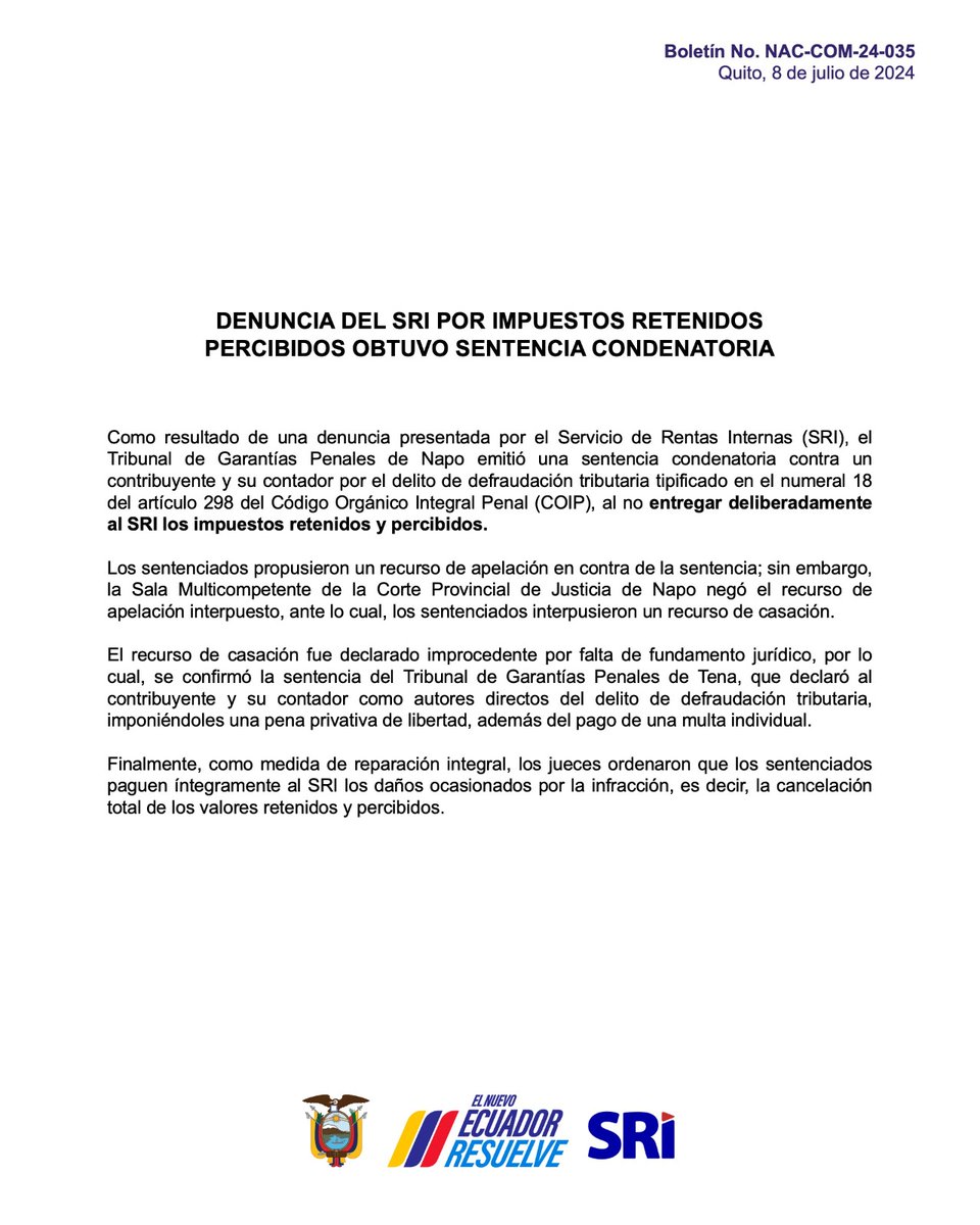 SRIoficialEc's tweet photo. #BoletínSRI

Denuncia del SRI por impuestos retenidos y percibidos obtuvo sentencia condenatoria.

Revisa más información aquí: https://t.co/wNfLL3n3cP

#ElNuevoEcuadoResuelve https://t.co/dv8P8w5w5f