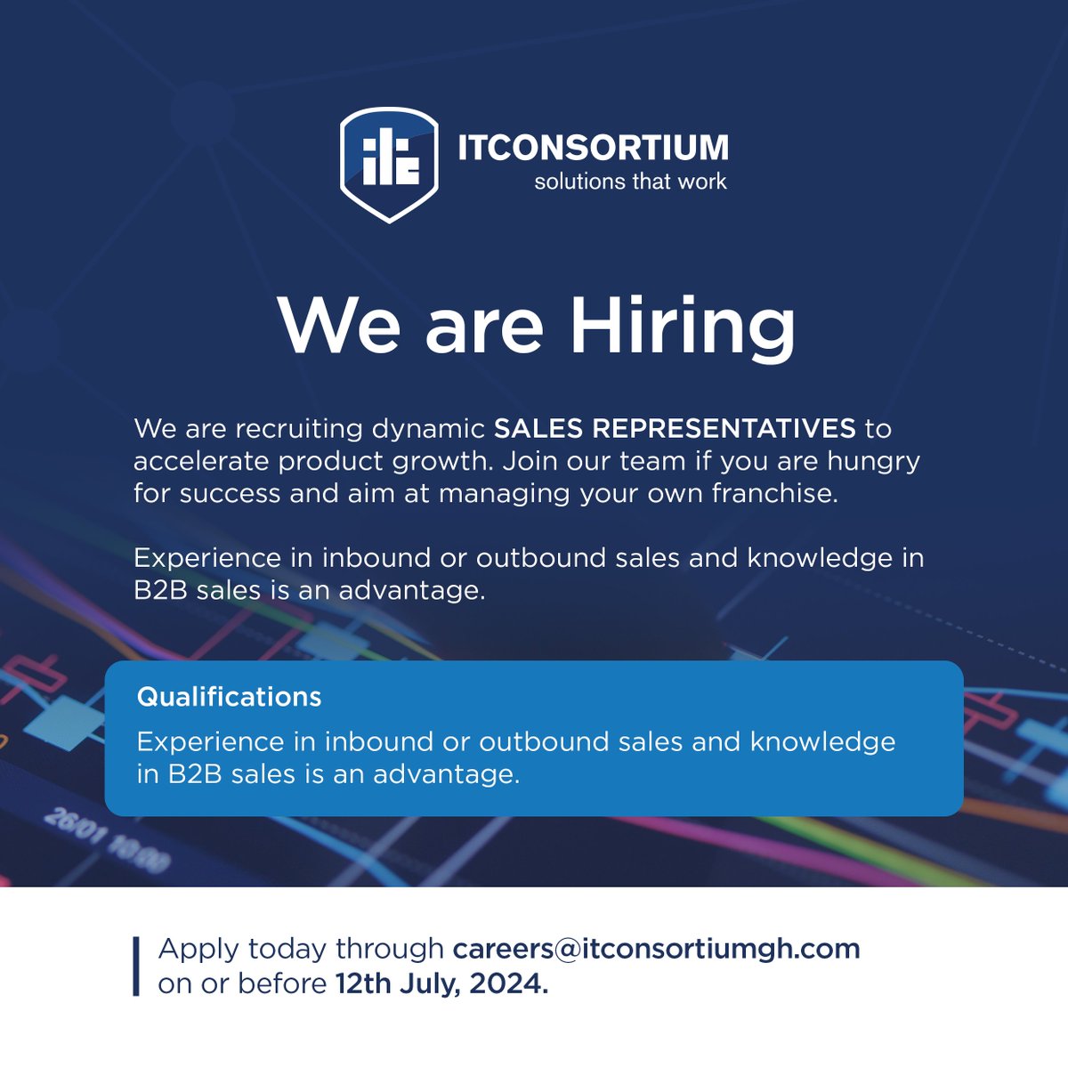 IT Consortium (@itconsortium_gh) on Twitter photo This is your golden moment to work with IT Consortium and to boost your professional profile! Send all applications to careers@itconsortiumgh.com on or before Friday, 12th July, 2024.
#ITConsortium #CareersatITC #WorkwithITC #JoinourTeam #WorkwithUs #SolutionsthatWork This is your golden moment to work with IT Consortium and to boost your professional profile! Send all applications to careers@itconsortiumgh.com on or before Friday, 12th July, 2024.
#ITConsortium #CareersatITC #WorkwithITC #JoinourTeam #WorkwithUs #SolutionsthatWork