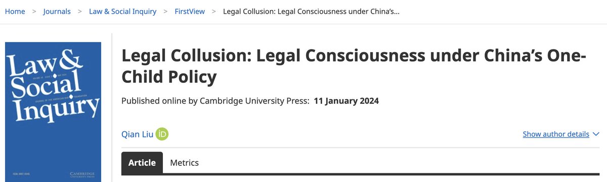 Law’s moral legitimacy impacts people’s responses to legal evasion. In LSI’s #firstview, Qian Liu's (<a href="/UCalgary/">U Calgary</a>) research on Chinese villages under the one-child policy reveals how interpersonal relations and distrust of the law shape legal consciousness. bit.ly/4eWVtZI