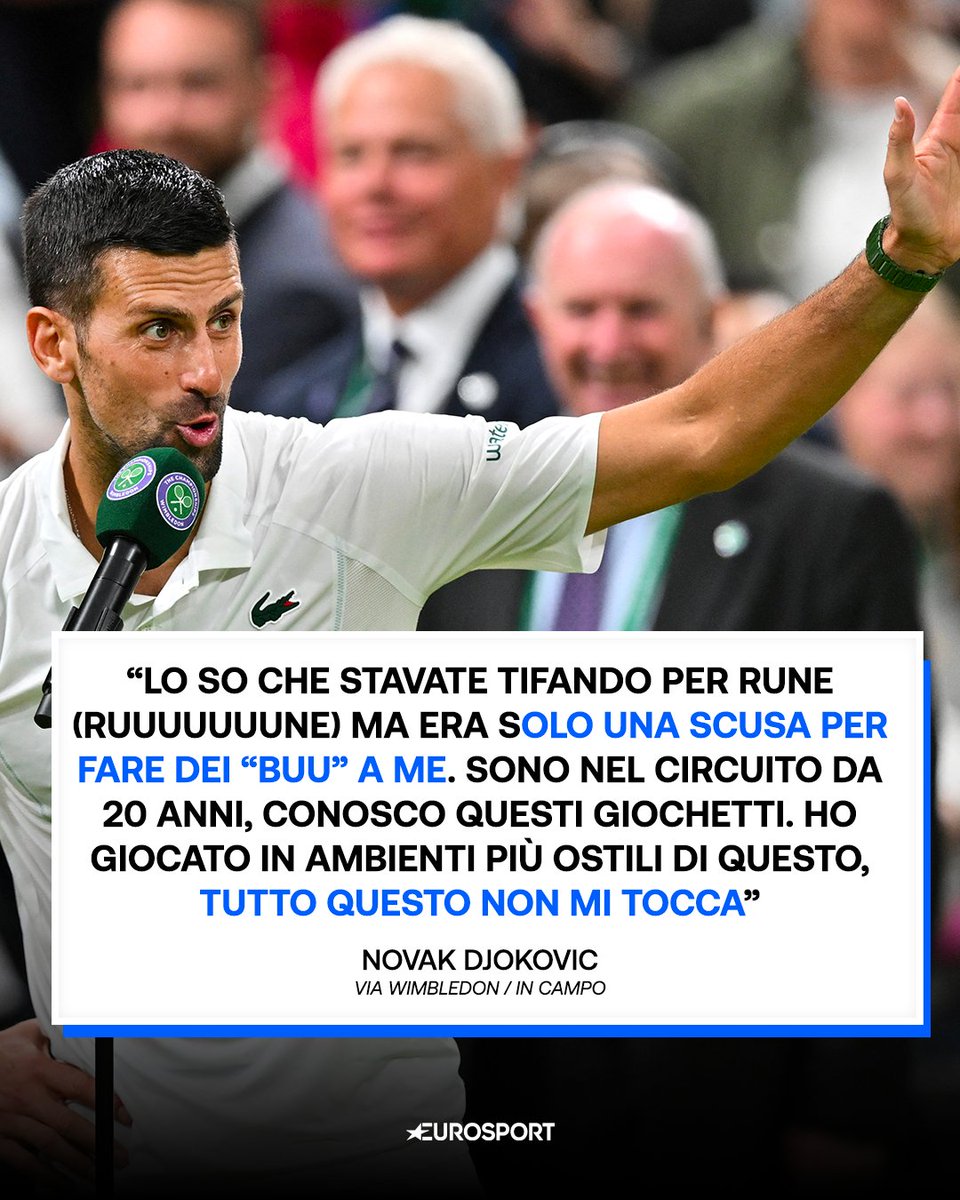 Eurosport_IT's tweet photo. Djokovic sente dei "Buuu" durante il suo match contro Rune e a fine partita non le manda a dire. Anzi. 🤯🎾

#Tennis #wimbledon #Djokovic https://t.co/KLu7WYPrGg