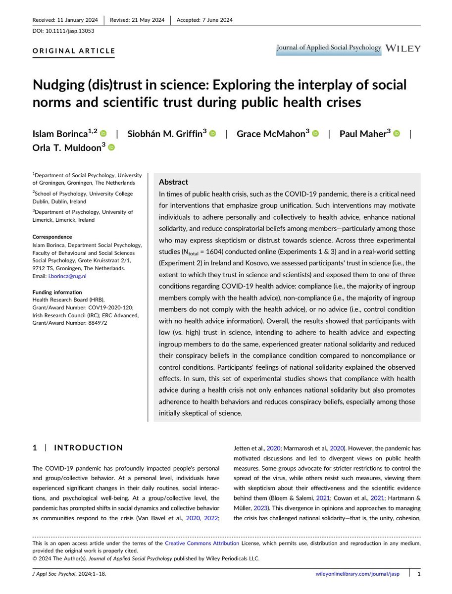 Islam Borinca, PhD (@islamborinca) on Twitter photo 🧠 New Research Alert! 🧠
Check out our study: "Nudging (dis)trust in science: Exploring the interplay of social norms and scientific trust during public health crises."
@orlamuldoon <a href="/SiobhanGriff15/">Siobhán Griffin</a> <a href="/grace_mc7/">Grace McMahon</a> <a href="/SiobhanGriff15/">Siobhán Griffin</a> <a href="/PaulMaher10/">paulmaher.bsky.social</a> <a href="/ULPsych/">UL Psychology</a> <a href="/SocialPsychUG/">Social Psychology - University of Groningen</a> 🧠 New Research Alert! 🧠
Check out our study: "Nudging (dis)trust in science: Exploring the interplay of social norms and scientific trust during public health crises."
@orlamuldoon <a href="/SiobhanGriff15/">Siobhán Griffin</a> <a href="/grace_mc7/">Grace McMahon</a> <a href="/SiobhanGriff15/">Siobhán Griffin</a> <a href="/PaulMaher10/">paulmaher.bsky.social</a> <a href="/ULPsych/">UL Psychology</a> <a href="/SocialPsychUG/">Social Psychology - University of Groningen</a>