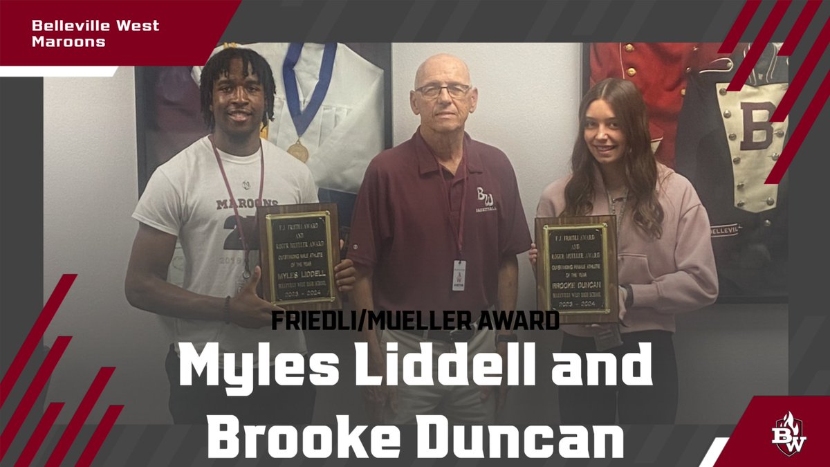 BW Athletics (@bwestathletics) on Twitter photo Congratulations to Seniors Myles Liddell and Brooke Duncan for being named the recipients of the prestigious Friedli/Mueller Award. Pictured with Myles and Brooke is former Teacher/Coach Roger Mueller. <a href="/WestVolleyball/">Maroons Volleyball</a> <a href="/MaroonsHoops/">BWest Hoops</a> Congratulations to Seniors Myles Liddell and Brooke Duncan for being named the recipients of the prestigious Friedli/Mueller Award. Pictured with Myles and Brooke is former Teacher/Coach Roger Mueller. <a href="/WestVolleyball/">Maroons Volleyball</a> <a href="/MaroonsHoops/">BWest Hoops</a>