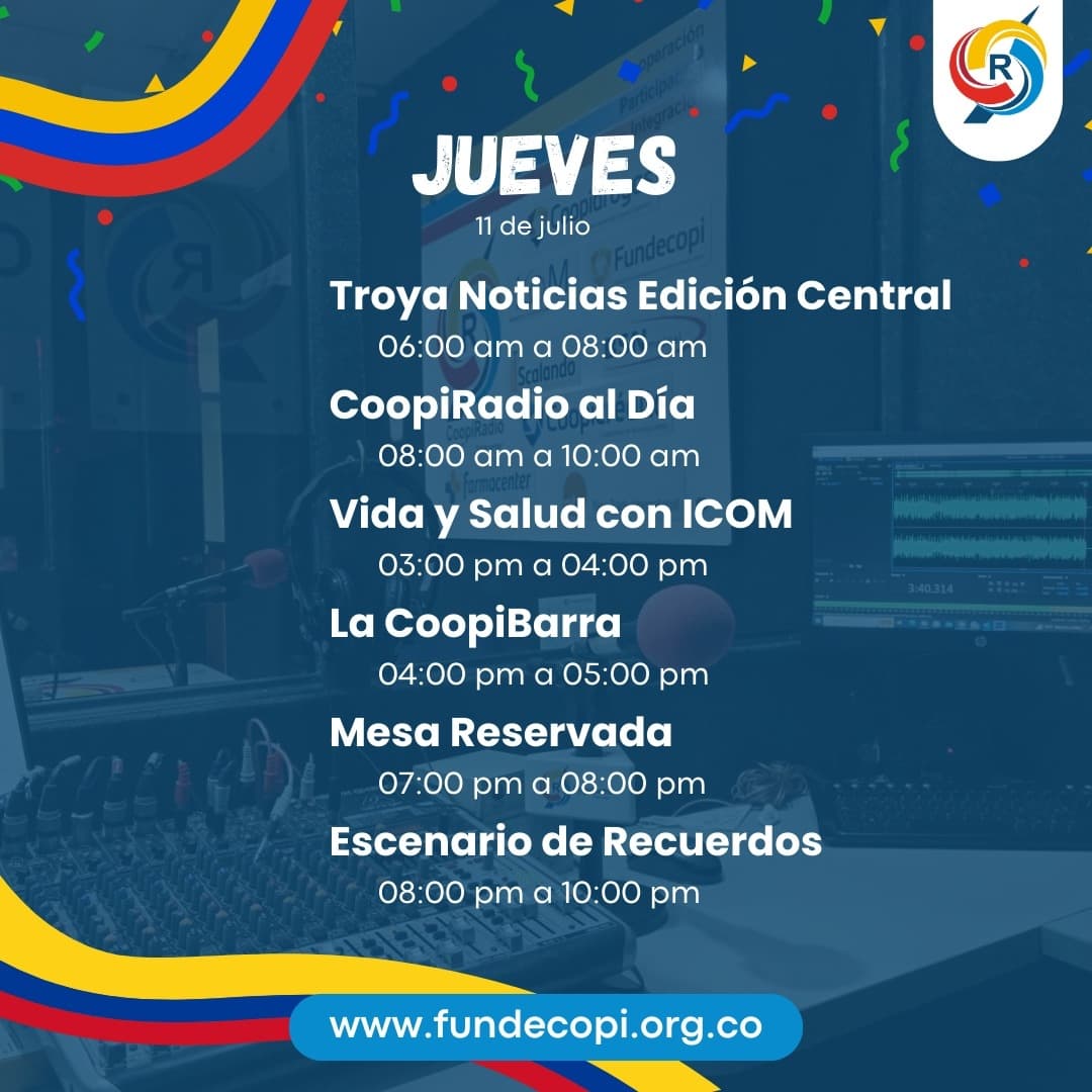 #UnidosContigo 💙 Te compartimos nuestra programación para esta semana 🗣️ Agéndate y escucha la emisora No. 1 de los #Droguistas en #Colombia ✅

▶️ Escúchanos por el link de la bio 📲

#Colombia #Julio #CoopiRadio #UnidosContigo #Coopidrogas #Farmacias #Droguistas