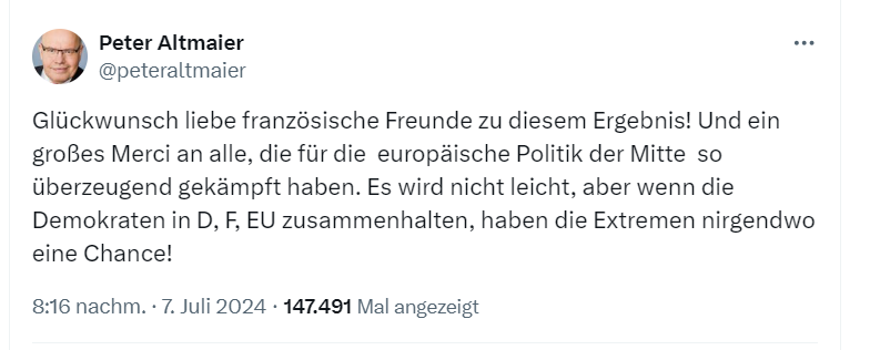 Thereminspieler's tweet image. Bündnis aus #BSW #Linke #MLDP und #Grüne holen von 577 Sitzen 180 Sitze, Bündnis aus #SPD und #FDP 163 Sitze, #AFD 143 Sitze, #CDU 66 Sitze und #Macron gratuliert! Ob sich #Altmaier da auch freuen würde? #Frankreich