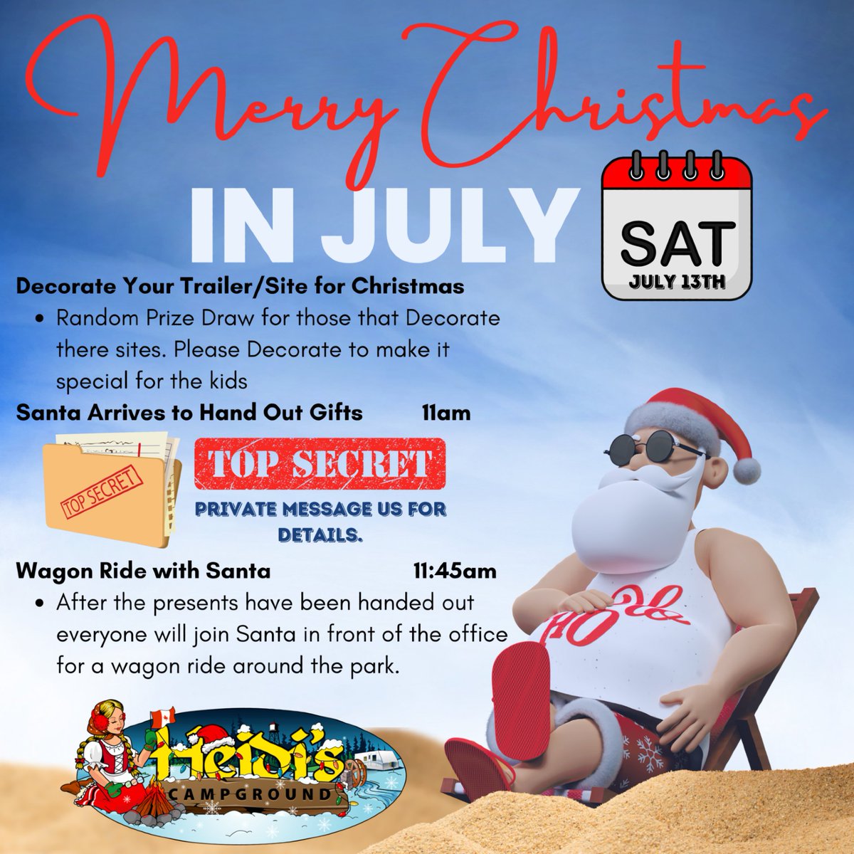 heidiscamp's tweet photo. Join us this weekend for our annual Christmas in July Celebration.

This year Santa is bringing us an extra special treat as Mrs. Claus and an Elf will be joining him on Vacation at Heidi's! Please join our campground activities email at heidisactivities@gmail.com https://t.co/DNOEikA4Qs