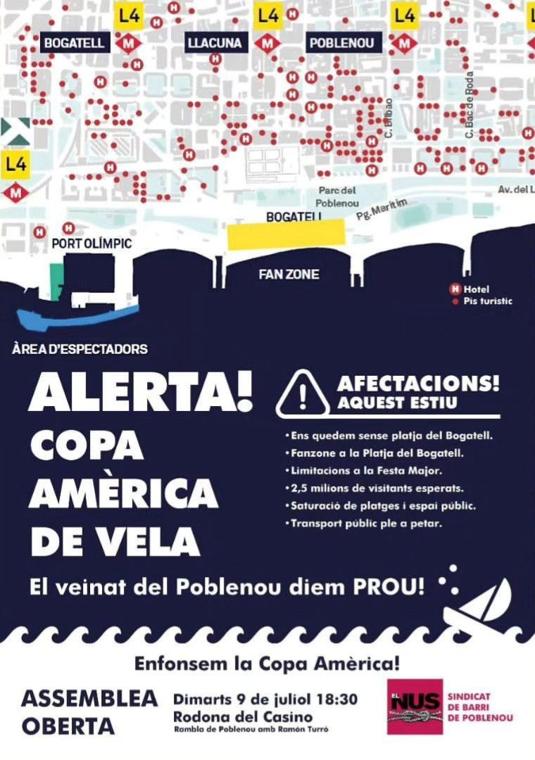 Instal·laran una 'Fan Zone' a la Platja del Bogatell, hi haurà limitacions a la Festa Major, centenars de membres dels equips s'allotjaran al barri durant mesos, creixeran pisos turístics i lloguers...

⚠️La Copa Amèrica ens afecta i MOLT!

📍Rodona del Casino
📆Dimarts 9
🕡18:30
