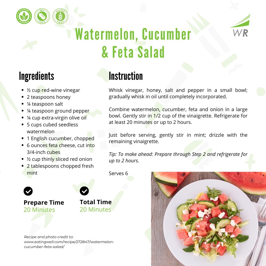 Here's a refreshing recipe for those continued backyard get-togethers and summer parties. This Watermelon Cucumber &amp; Feta Salad is a nutritious and hydrating option all summer long.
🍉🌞🔥
#easyrecipes #healthychoices #wellnessmeals #EatWellFeelWell #CookingwithWorkRight