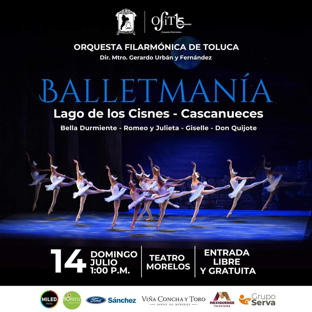 🩰🎶 ¡Nuestro próximo concierto "Balletmanía" te espera para apreciar las obras maestras del ballet clásico! 

📆 DOMINGO 14 de julio.
⏰ 1:00 P.M.
📍 Teatro Morelos.
🎟️ Entrada GRATUITA.

Ven y disfruta de una tarde llena de elegancia, emoción y arte en nuestra querida #Toluca.