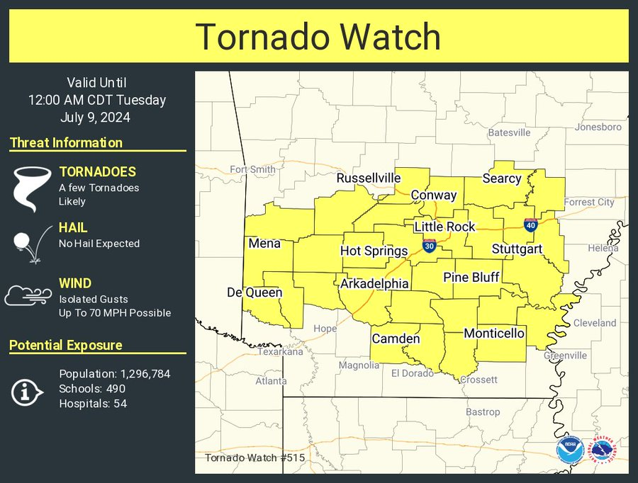 LimWeather's tweet photo. #tornadowatch in s #Arkansas esp #LittleRock,#NorthLittleRock,#Conway,#Searcy,#Pinebluff,#Hotsprings,#Arkdelphia,#JacksonvilleAR,#Benton,#Sherwood,#Cabot
#wxtwitter #severewx #spc #wxx #tropicswx #wind #Hail #tornado #Arwx #Beryl #tropicalStormberyl #tropicalstorm https://t.co/dK61kZWYUo
