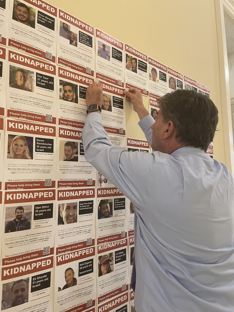 275 days. That’s how long 100+ hostages, including 8 Americans, have been held captive after being kidnapped by Hamas.

Last week, posters at my office honoring the hostages were torn from the wall &amp; tossed across the hallway. 

Today my team &amp; I replaced each one

#bringthemhome