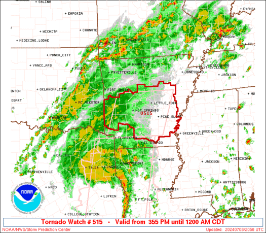 CC_StormWatch's tweet photo. Meanwhile, southern and central Arkansas are now under a #tornado watch as well. These bands ahead of #Beryl (or its remnants) will continue to move north into the evening with at least a few tornadoes likely. #ARwx https://t.co/gWFB9MvoxX
