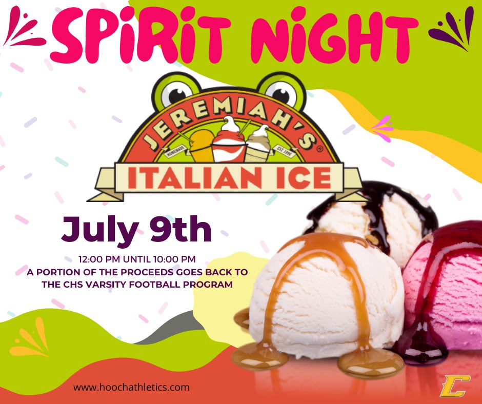 Cool off with a sweet treat and show your #CougarPride! Join us tomorrow at Jeremiah’s Italian Ice from noon  to 10pm. A portion of the proceeds go back to our varsity football program. See you there! #SpiritNight #SummerFun