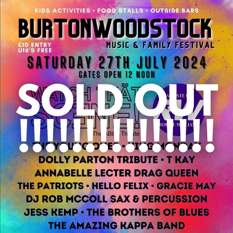 📣 BURTONWOODSTOCK IS NOW SOLD OUT!!!

Thank you to everyone who has bought a ticket, this is sure to be an incredible day! 🕺🏻💃🙌

Please note there will be NO opportunity to pay on the gate, this is a ticket only event! 

#burtonwoodstock2024