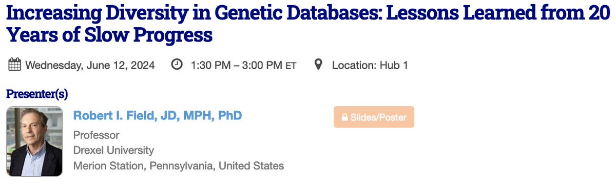 Robert I. Field (@robertifield) on Twitter photo I enjoyed speaking at the 6th ELSI Congress in New York in June on research conducted with <a href="/AnthonyWOrlando/">Anthony W. Orlando</a> & Arnold Rosoff finding no change in the racial and ethnic diversity of #genetic databases used in #Alzheimer's disease research over the past 20 years. I enjoyed speaking at the 6th ELSI Congress in New York in June on research conducted with <a href="/AnthonyWOrlando/">Anthony W. Orlando</a> & Arnold Rosoff finding no change in the racial and ethnic diversity of #genetic databases used in #Alzheimer's disease research over the past 20 years.