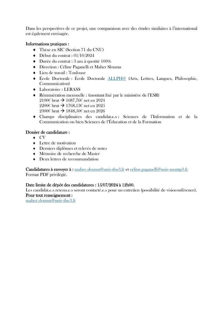 Maher SLOUMA (@maher83) on Twitter photo 📢 Encore une semaine pour candidater à l'offre du contrat doctoral sur les pratiques informationnelles des étudiants à l'ère de l'IAG au LERASS.
Candidatures à envoyer à :
maher.slouma@univ-tlse3.fr
Et
celine.paganelli@univ-montp3.fr
Date limite : 15/07/2024 à 12h00. 📢 Encore une semaine pour candidater à l'offre du contrat doctoral sur les pratiques informationnelles des étudiants à l'ère de l'IAG au LERASS.
Candidatures à envoyer à :
maher.slouma@univ-tlse3.fr
Et
celine.paganelli@univ-montp3.fr
Date limite : 15/07/2024 à 12h00.
