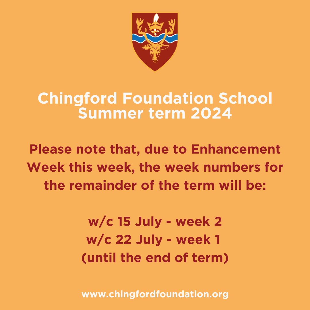 Please be aware that next week, w/c 15 July, will be week 2 and the remaining days of w/c 22 July will be week 1.

This change is due to the fact that we have Enhancement Week at #ChingfordFoundationSchool this week. 

Thank you.

#FoundationForLife #SchoolCommunity