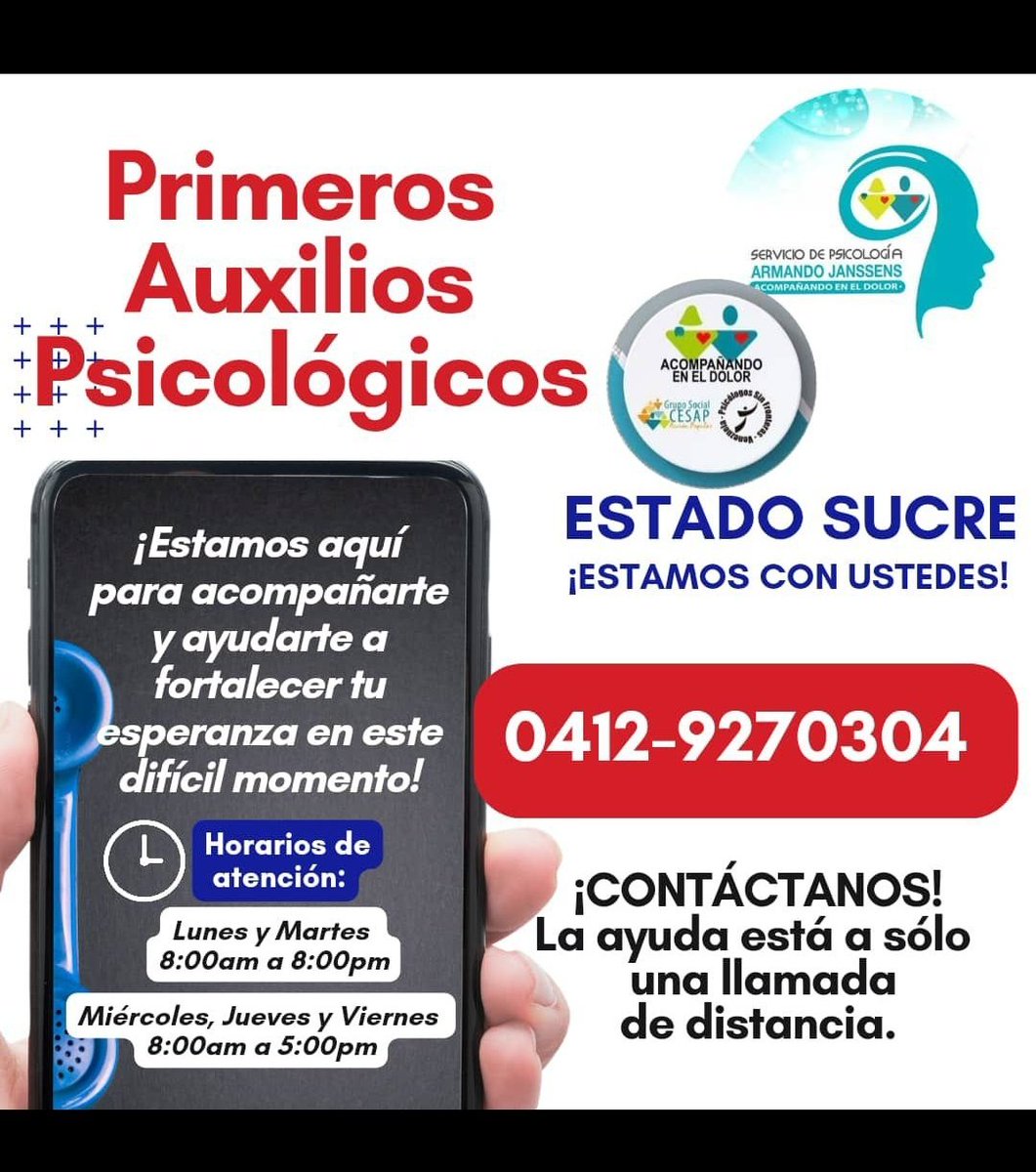 Habilitada línea telefónica de apoyo psicológico para afectados por emergencia en Sucre, sus familiares y el personal humanitario dando respuesta. El apoyo  durante la angustia y el cansancio a solo una llamada.Servicio voluntario en alianza <a href="/CESAP_AC/">Grupo Social CESAP</a> <a href="/psfvenezuela/">Psic. Sin Fronteras Venezuela</a> y <a href="/pahnal/">Plataforma de Acción Humanitaria Nacional</a>