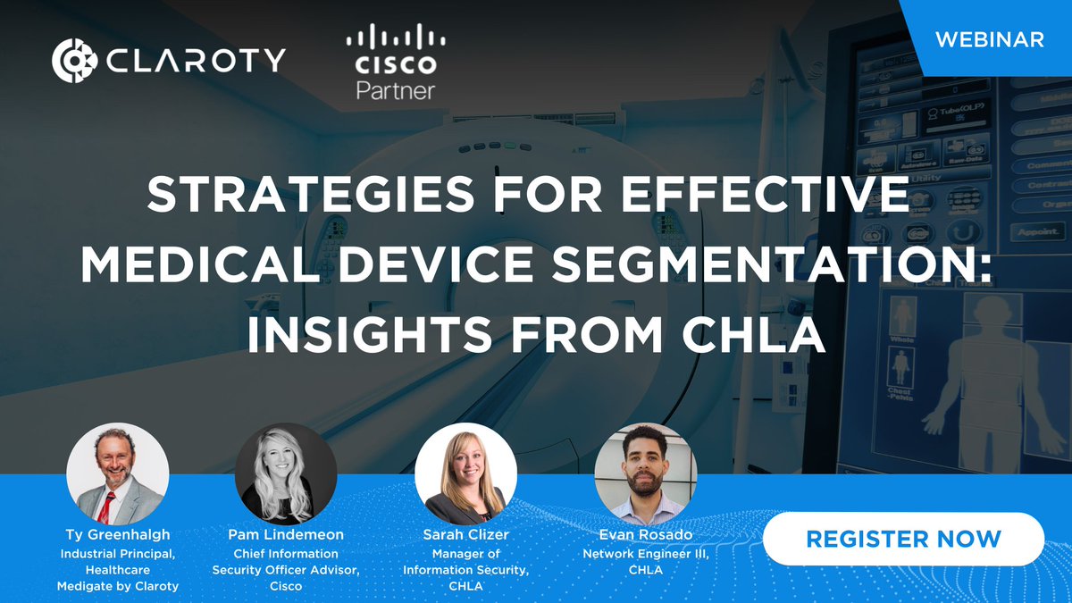 ClarotyHealth's tweet image. ⏰ LAST CALL to join TOMORROW&apos;s webinar with #cybersecurity leaders from @Claroty, @Cisco, and @ChildrensLA, who&apos;ll share the secrets to overcoming #NetworkSegmentation challenges. 📌 Sign up now: hubs.li/Q02Fvk1R0