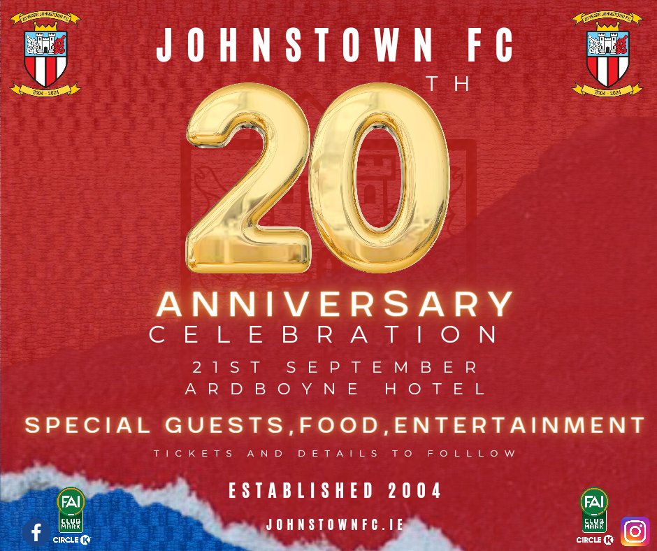 JohnstownFC's tweet photo. π **Save the Date!** π
Join us in celebrating ourClub's 20th Anniversary! π₯³β½οΈ
π
**Date:** 21st September 2024
π **Location:** Ardboyne Hotel
Stay tuned for more exciting details!
#UpTheJohnner #20YearsStrong #CommunityClub
π More info to follow soon! https://t.co/UDyvX9XJ7C