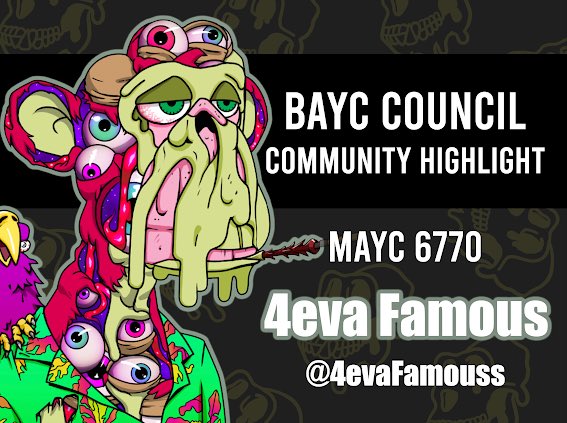 BaycCouncil's tweet image. An extra special day for a community highlight!

Happy Mutant Monday and a very happy birthday to @4evaFamouss! 🎂🥳